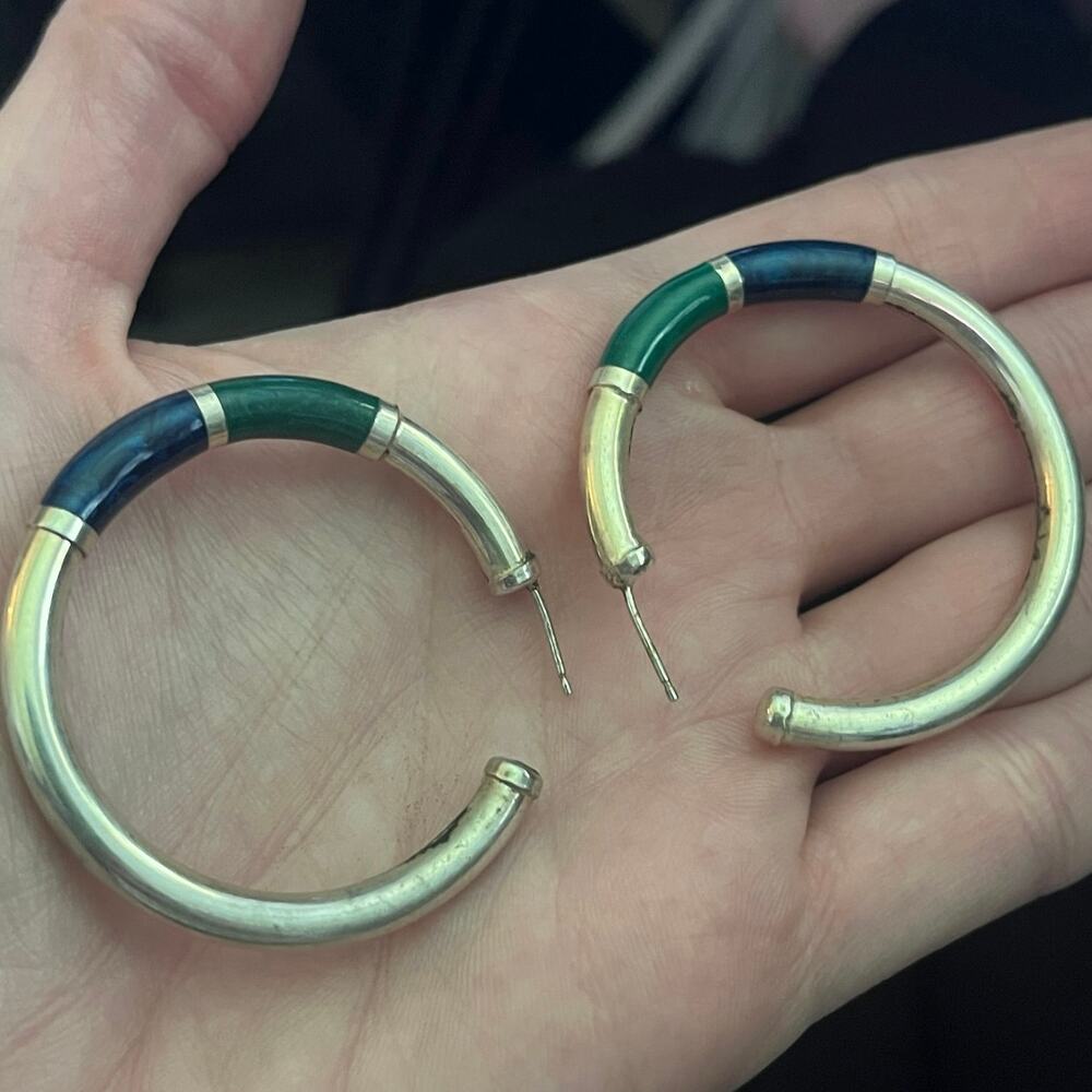 Vintage Oversized Large 925 Sterling Silver Blue and Green Enamel Hoop Earrings